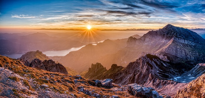 4K Mountains Sunrise over Lake in France