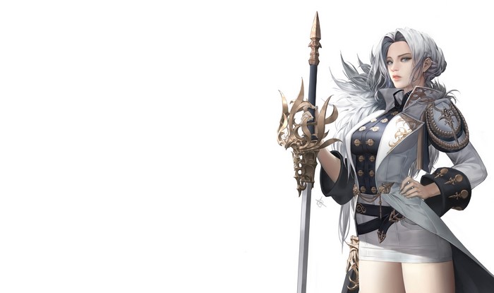 Woman with white hair holding a sword