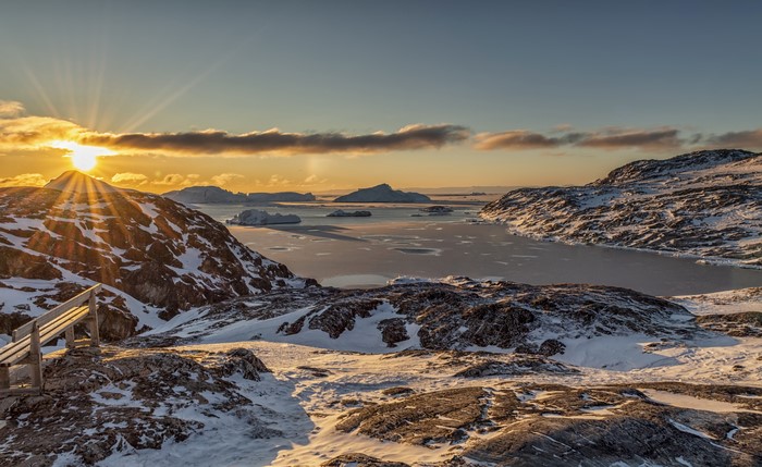 4K Greenland Mountains Sunrise Scenery with Snow and Bay