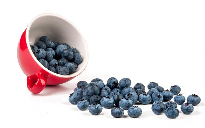 Blueberries spilling from a red cup on a white background