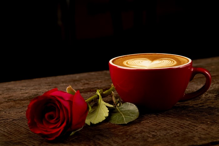 Red Rose and Cappuccino with Heart Art