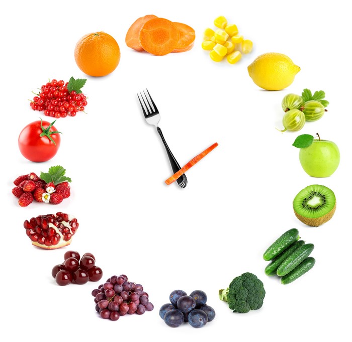 Fruit and vegetable clock with fork and carrot hands
