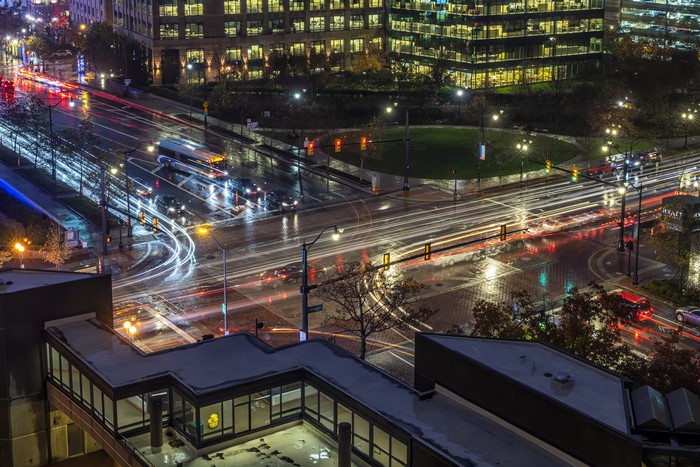 4K Columbus Ohio USA Evening Cityscape with Light Trails