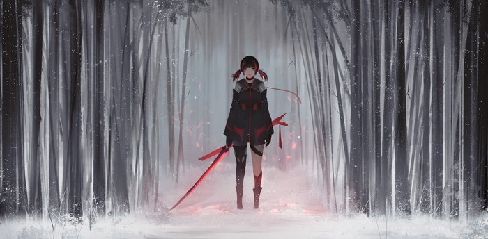 Aoi Ogata with a sword in a snowy forest