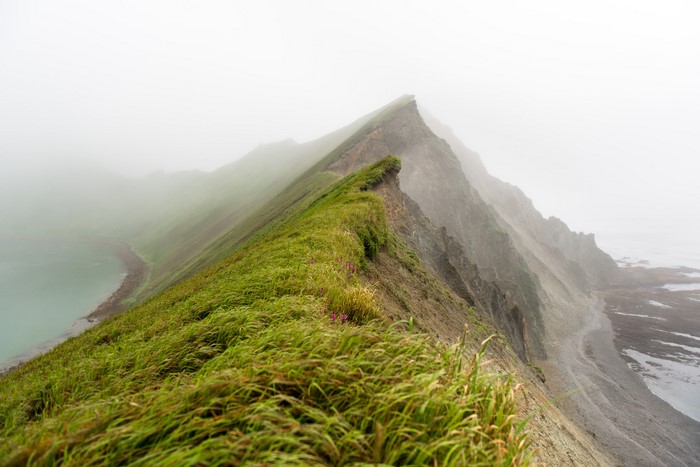Brat Chirpoev Island, Kuril Islands, Russia, Foggy Coastline