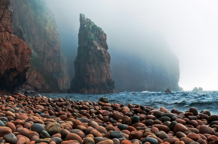 Rocky Bay with Tall Crags in Fog, Primorsky Krai, Russia