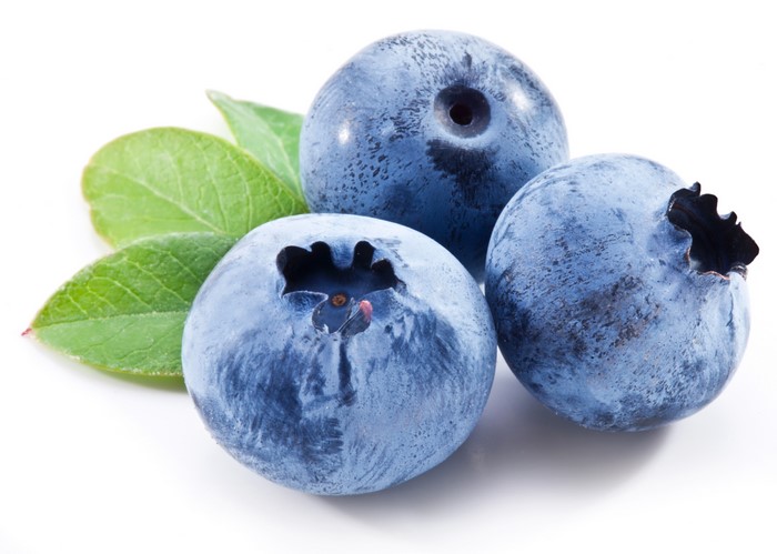Three Blueberries with Leaves on White Background
