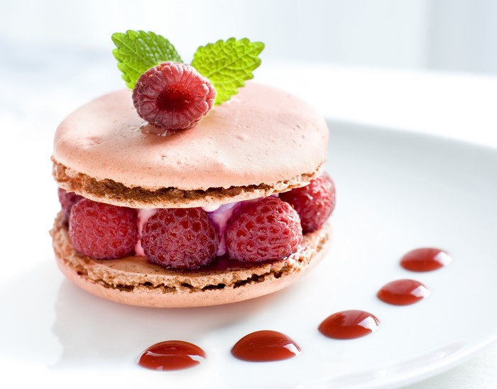 Raspberry Macaron with Mint and Raspberry Coulis