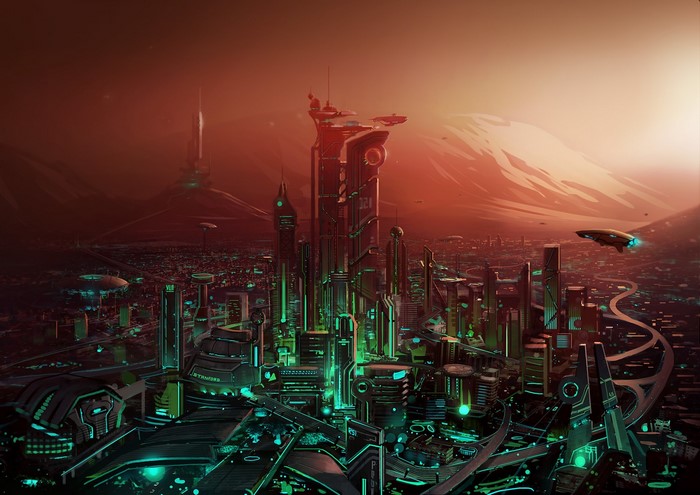 Futuristic city with flying vehicles