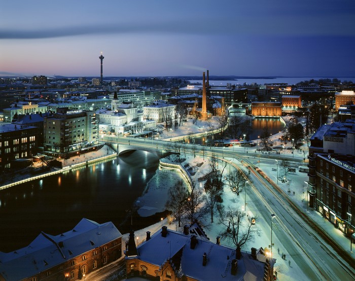 Tampere, Finland: Winter cityscape with river and bridges