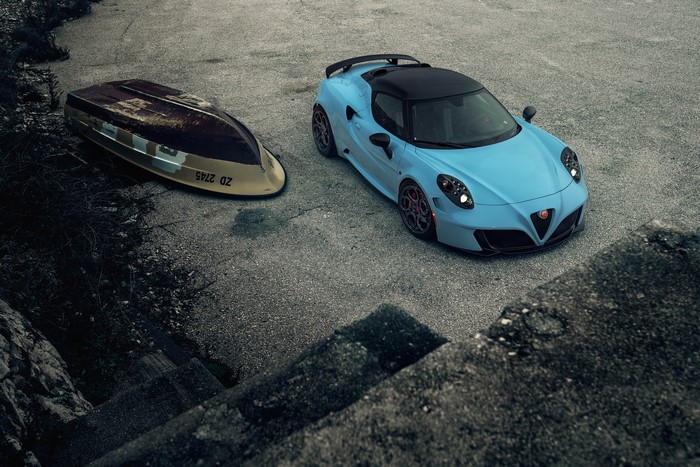 Light Blue Alfa Romeo 4C with Boat