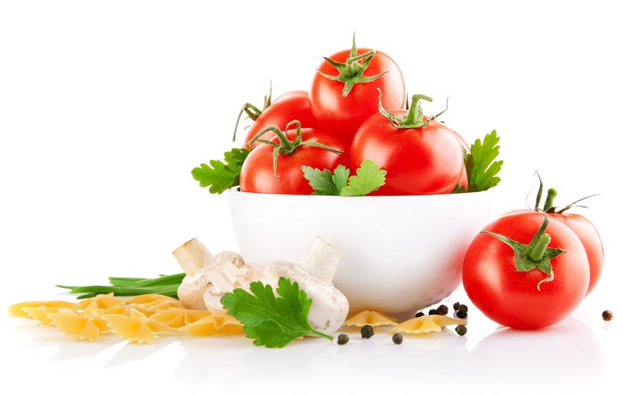 Tomatoes, Mushrooms, Pasta, and Black Pepper on White Background