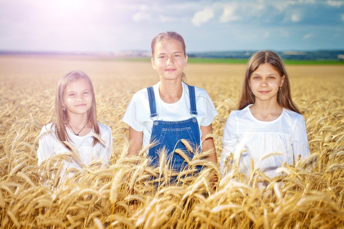 Three girls in a wheat field