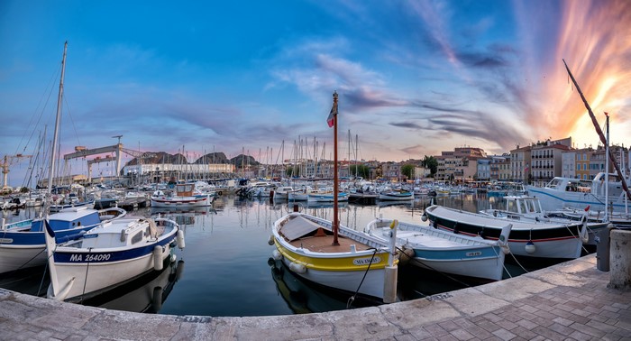 Boats in a marina at sunset in La Ciotat, France