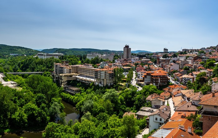 Panoramic view of Veliko Tarnovo, Bulgaria with river and buildings