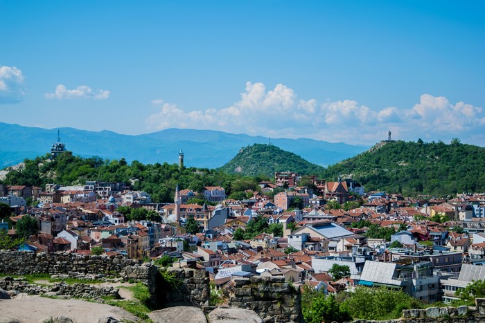 Plovdiv, Bulgaria cityscape with hills and mountains