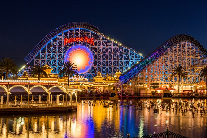 Paradise Pier roller coaster at night