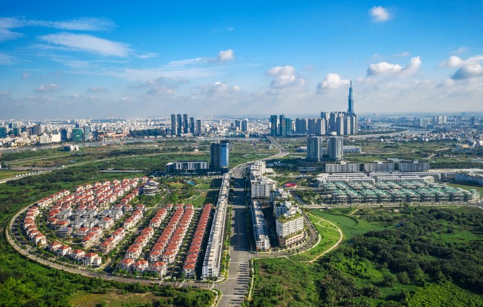 Aerial view of Ho Chi Minh City, Vietnam with residential areas and skyscrapers