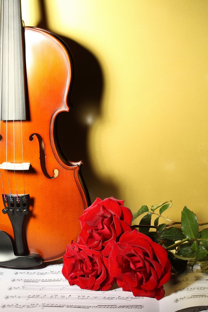 Violin with Red Roses on Sheet Music