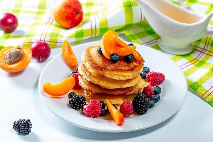 Pancakes with Apricots, Blueberries, and Raspberries