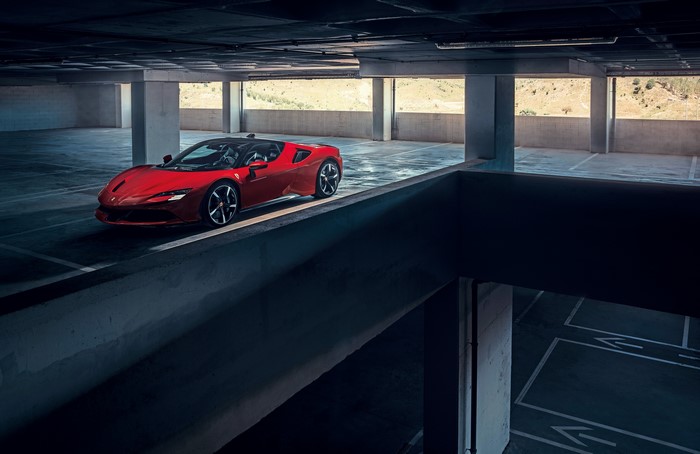 Red Ferrari SF90 Stradale in Parking Garage