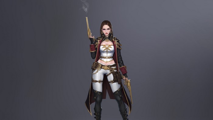 Woman warrior with pistols and cloak