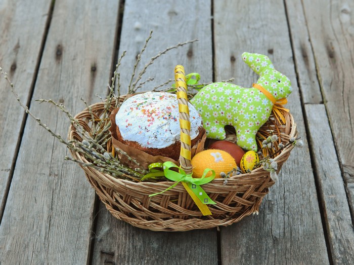 Easter Kulich in a Wicker Basket with Pussy Willows