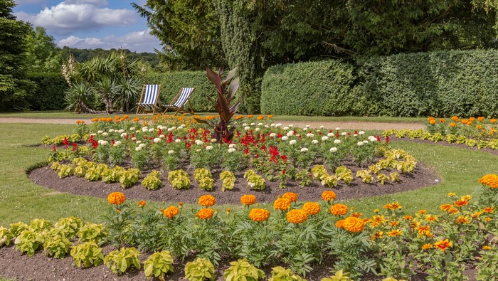 Flower bed with deck chairs at Hughenden Manor