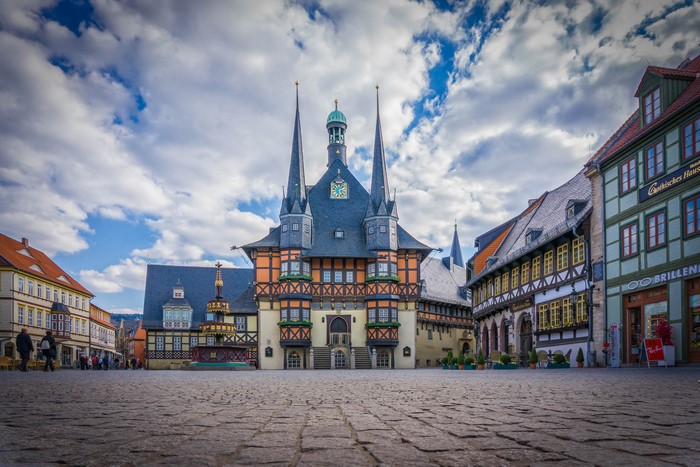Town square with historic buildings in Wernigerode, Germany
