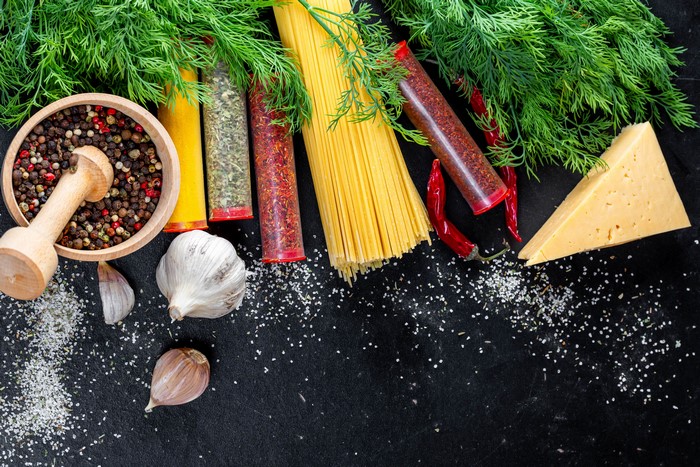 Spices, Garlic, Cheese, Pasta, Mortar and Pestle, Salt