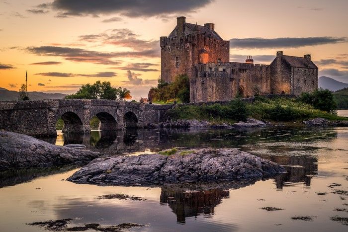 Eilean Donan Castle and Bridge at Sunset, Scotland