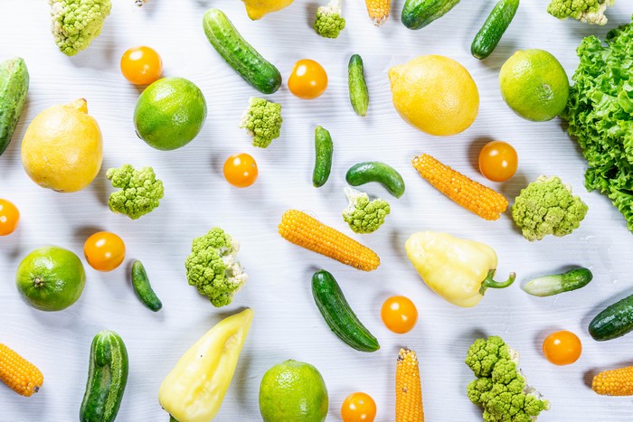 Assortment of Fresh Vegetables and Fruits on White Background