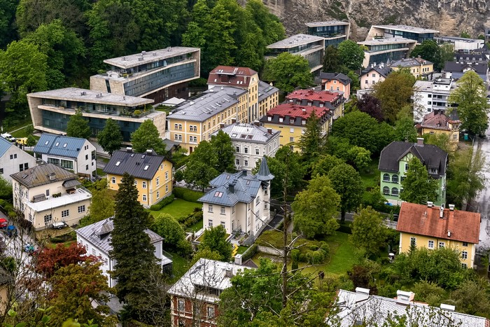 Aerial view of houses and modern buildings in Salzburg, Austria
