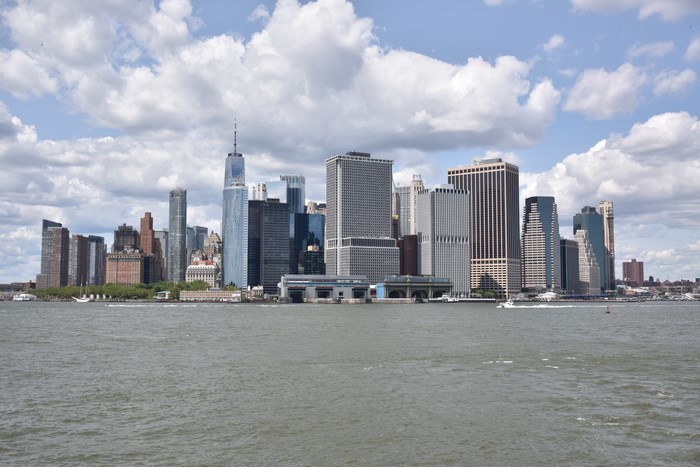New York City skyline with skyscrapers and a bay