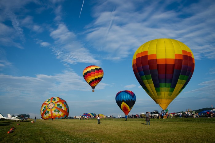Hot air balloons on a grassy field under a blue sky