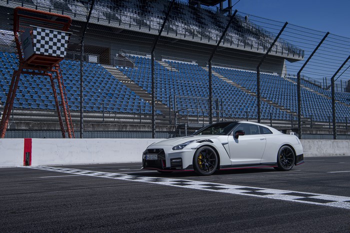 White 2019 Nissan GT-R Nismo on Race Track
