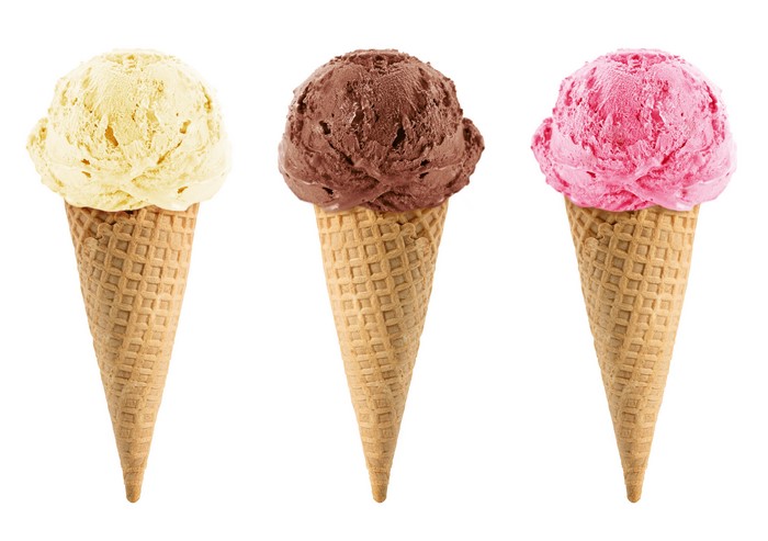 Three ice cream cones on a white background