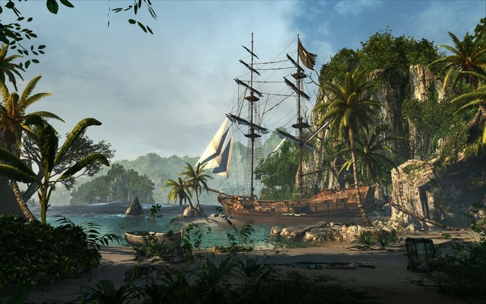 Pirate ship docked in a tropical cove with palm trees