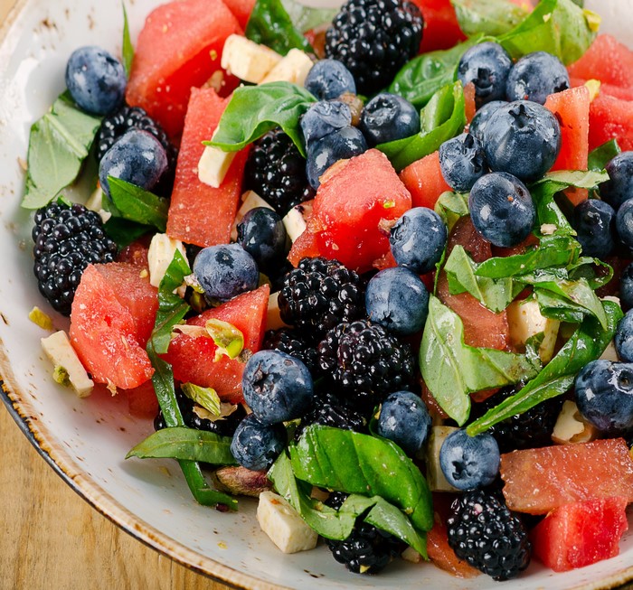 Watermelon, Blackberry, and Blueberry Salad with Feta and Basil