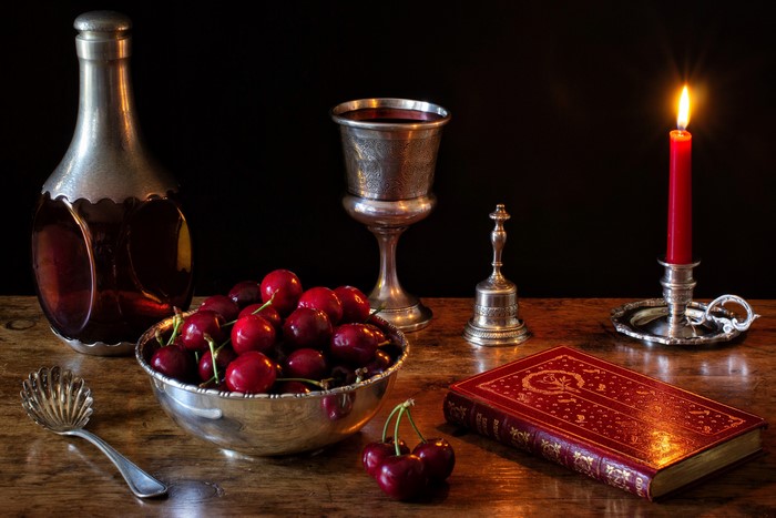 Still-life with Cherries, Bottle, Goblet, Book, Candle, and Spoon