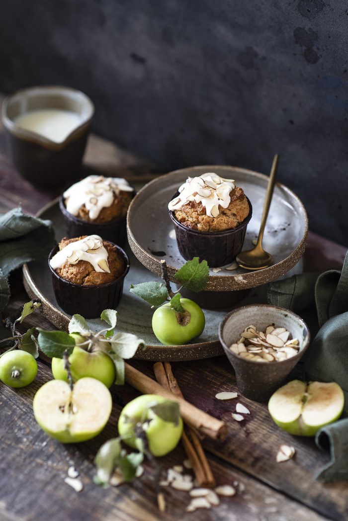 Apple Muffins with Icing and Almonds