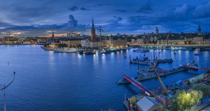 Stockholm cityscape with harbor at dusk