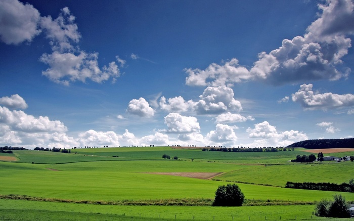 Rolling green hills under a blue sky with clouds