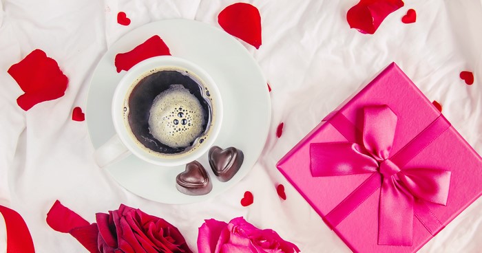 Valentine's Day coffee, gift, and roses