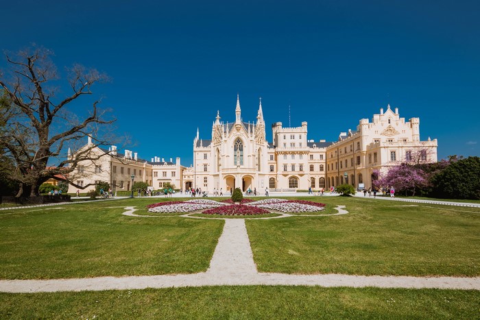 Lednice Castle, Czech Republic, with manicured gardens