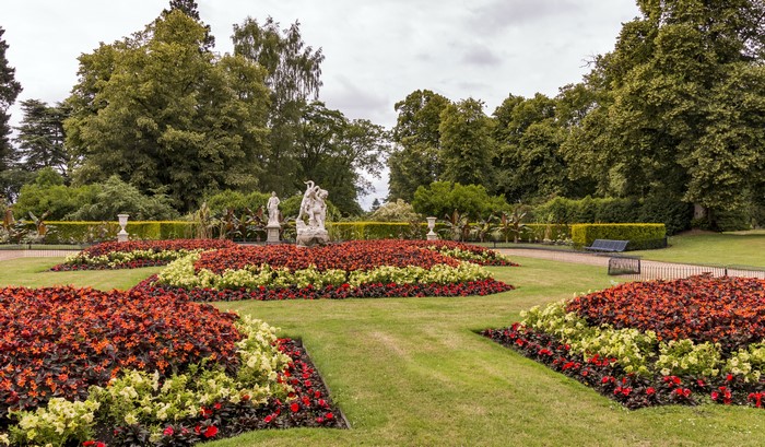 Waddesdon Manor Gardens with sculptures and flower beds