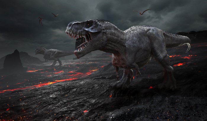 4K Roaring Tyrannosaurus Rex Amid Volcanic Landscape