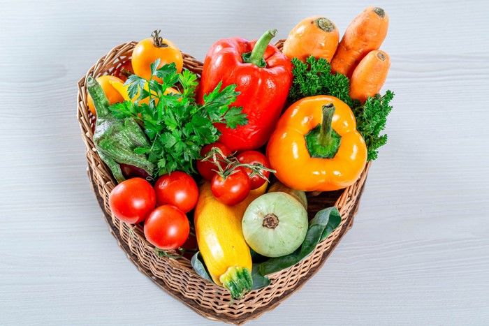 Heart-shaped basket of fresh vegetables