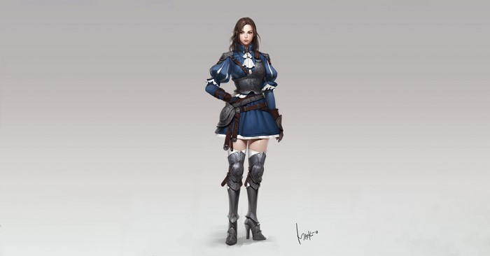 Woman in blue dress and armor by Eunsil Song