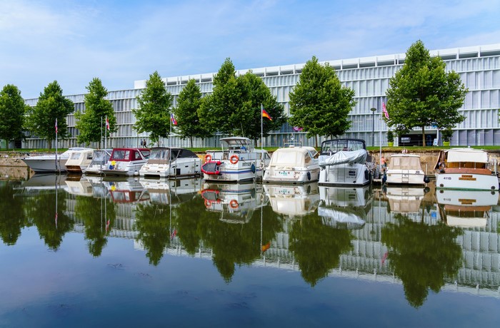 Boats docked at Wilhelmskanal in Heilbronn, Germany